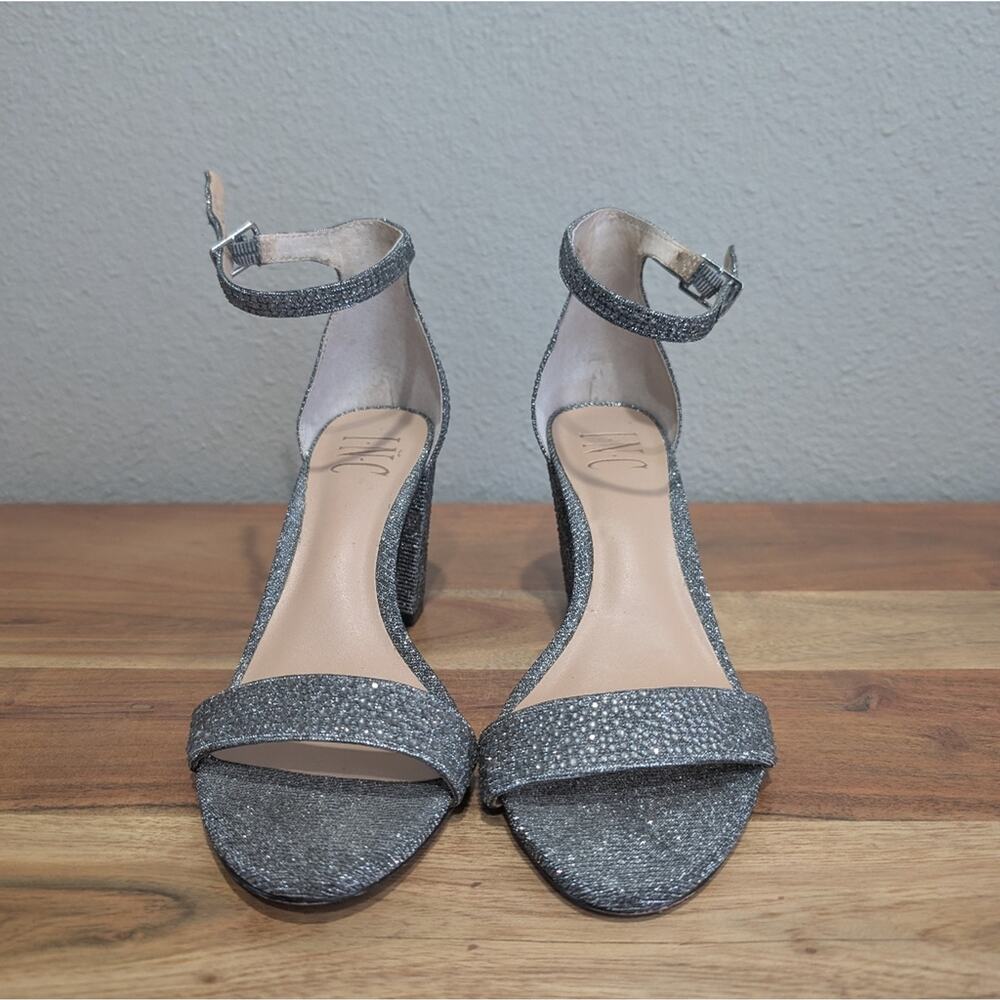 INC International Concepts Kivah Pewter Gray Sparkly Block Heel Sandals Size 6